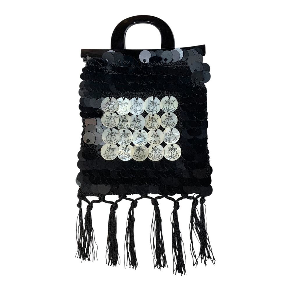 Vintage Mad Bags Black Sequined Mini Pailette Bag Shell Style Discs Dbl Handle